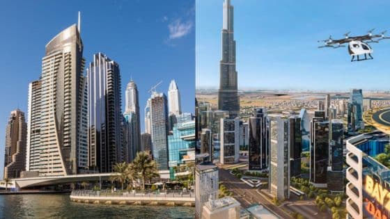 Modern city skyline with skyscrapers and futuristic transportation, showcasing urban development and technological advancement.