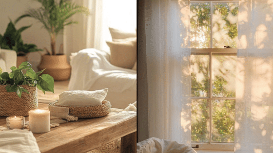 Sunlit cozy living room with plants, candles, and a rustic wooden table near a window with sheer curtains.