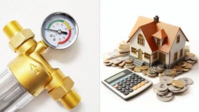Pressure gauge and model house with coins and calculator, symbolizing financial management and home maintenance.