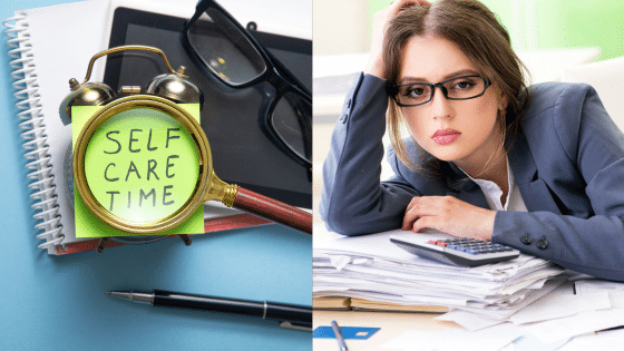 Woman overwhelmed at work beside clock with Self Care Time note, emphasizing work-life balance need.