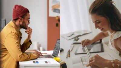 Man working on laptop, woman measuring with ruler at desk, both in creative environments.