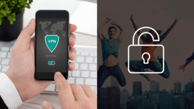 VPN connection on smartphone, enhancing online security. Unlocked padlock with people jumping, symbolizing freedom.