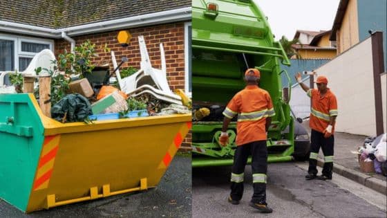 Skip bin filled with waste and garbage truck with workers for effective waste management and recycling.
