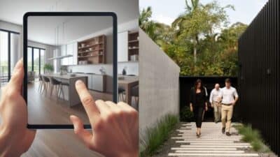 Tablet displaying modern kitchen, people walking outside modern home entrance surrounded by greenery.