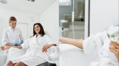 Woman receiving IV therapy in a spa; healthcare professional assisting, relaxation and wellness experience.
