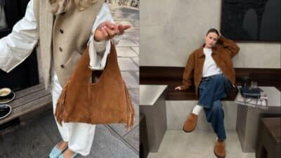 Fashionable suede bag and chic outfit with coat and jeans, perfect for street style inspiration.
