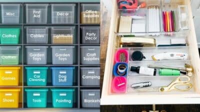 Labeled storage bins alongside a neatly organized drawer with stationery and office supplies for efficient home organization.