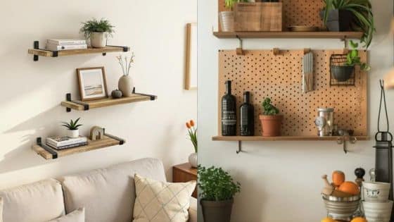 Modern living room with wooden floating shelves and pegboard, featuring plants, books, and home decor items.