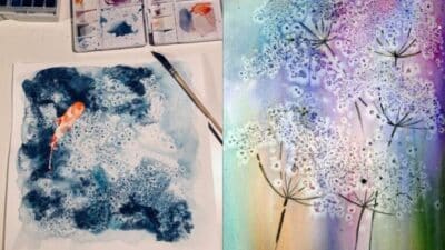 Watercolor paintings: a koi fish in blue water and delicate floral patterns in vibrant hues.