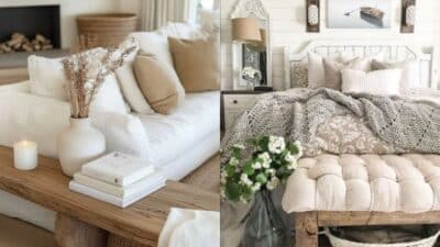 Cozy living room and bedroom with neutral tones, featuring a plush couch, rustic wooden furniture, and elegant décor elements.