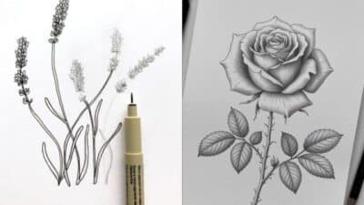 Detailed pen drawings of lavender and a rose flower on paper.