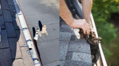 Cleaning gutters and checking roof for maintenance. Hands removing debris from gutter on shingled roof.