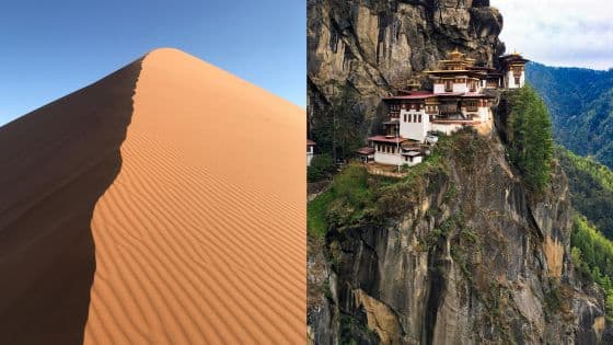 Viewing Deck Blog - 2025-08-14T001812870 Sand dune against clear sky and mountainside monastery nestled amid lush forest, showcasing diverse landscapes. | Sky Rye Design Sand dune against clear sky and mountainside monastery nestled amid lush forest, showcasing diverse landscapes.