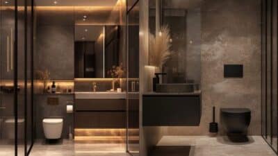 Luxurious modern bathroom with sleek design, warm lighting, and elegant fixtures for a sophisticated ambiance.
