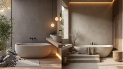 Modern bathroom designs featuring elegant bathtubs, ambient lighting, and minimalist decor for a relaxing ambiance.