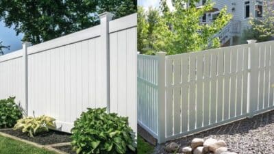 White vinyl privacy fence and picket fence in garden settings.