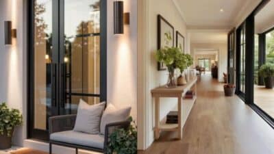 Modern home interior with cozy seating, elegant lighting, and a long corridor featuring wooden flooring and plants.