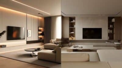Modern living room with sleek design, neutral tones, large TV, and cozy seating for a stylish, minimalist ambiance.