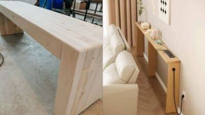 Wooden console table: unfinished (left) and finished with home decor (right) in a modern living room setting.