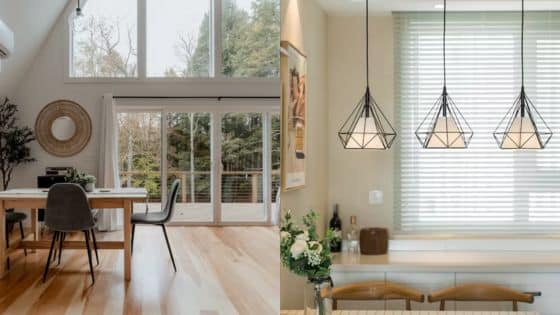 Modern dining rooms with large windows, wooden floors, and pendant lighting. Cozy and bright interior design.