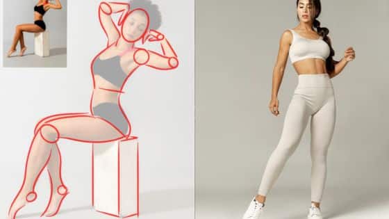 Viewing Deck Blog - 2025-08-15T131439421 Fitness woman in activewear posing; left side shows sketch overlay analysis of sitting position. | Sky Rye Design Fitness woman in activewear posing; left side shows sketch overlay analysis of sitting position.