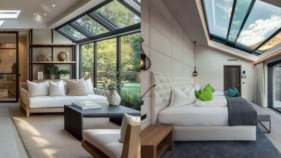 Viewing Deck Blog - 2025-08-15T173028192 Modern sunlit living room and bedroom with glass ceilings, featuring stylish white furniture and green outdoor views. | Sky Rye Design Modern sunlit living room and bedroom with glass ceilings, featuring stylish white furniture and green outdoor views.