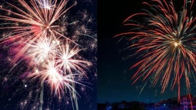 Colorful fireworks burst against the night sky, celebrating a festive occasion with brilliant, sparkling patterns.