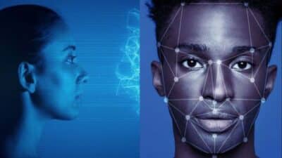 Two faces analyzed by digital facial recognition, highlighting technology and human interface.