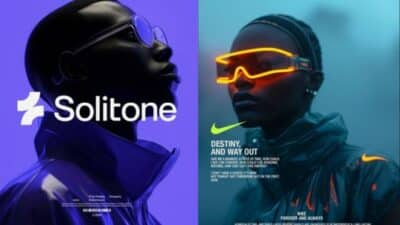 Futuristic fashion with neon goggles; Solitone and Nike branding emphasize innovation and style.