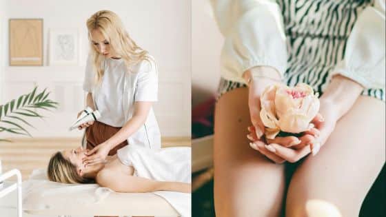 Skincare treatment with a facial procedure and a woman holding a pink flower, representing beauty and wellness.