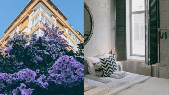 A vibrant urban building facade with purple flowers beside a cozy, modern bedroom interior with a window view.
