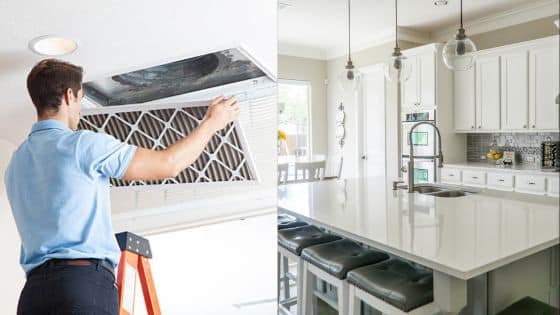 Viewing Deck Blog - 2025-08-18T162544665 Person changing air filter; modern kitchen with island and pendant lights. | Sky Rye Design Person changing air filter; modern kitchen with island and pendant lights.