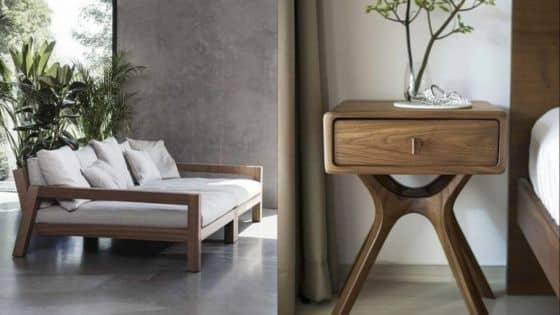 Viewing Deck Blog - 2025-08-19T015733166 Modern wooden sofa and stylish bedside table in minimalist living space with greenery. | Sky Rye Design Modern wooden sofa and stylish bedside table in minimalist living space with greenery.