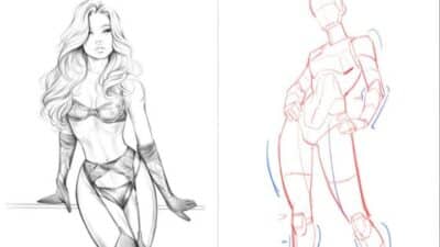 Black and white illustration of a woman in lingerie beside a structured sketch of a standing pose.