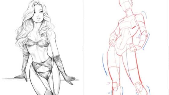 Viewing Deck Blog - 2025-08-19T180820085 Black and white illustration of a woman in lingerie beside a structured sketch of a standing pose. | Sky Rye Design Black and white illustration of a woman in lingerie beside a structured sketch of a standing pose.