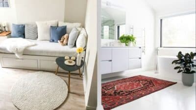 Cozy bedroom with daybed and modern bathroom featuring a Persian rug and plants, highlighting contemporary home decor.