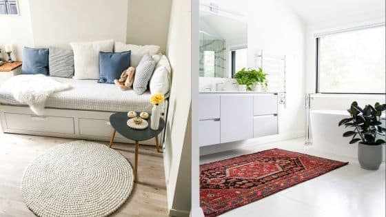 Viewing Deck Blog - 2025-08-20T185934267 Cozy bedroom with daybed and modern bathroom featuring a Persian rug and plants, highlighting contemporary home decor. | Sky Rye Design Cozy bedroom with daybed and modern bathroom featuring a Persian rug and plants, highlighting contemporary home decor.