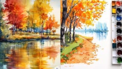 Colorful autumn landscape paintings with trees by a lake, vibrant fall foliage, and watercolor palette.