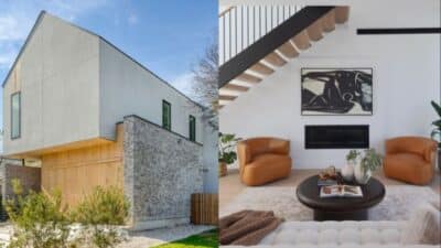 Modern home with sleek exterior and inviting interior featuring a cozy living area, abstract art, and stylish furniture.