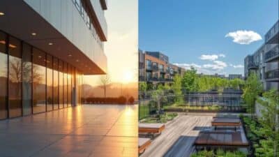 Modern building architecture with sunrise on left; urban rooftop garden with benches on right under clear blue sky.