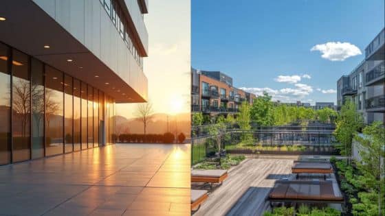 Viewing Deck Blog - 2025-08-22T152346999 Modern building architecture with sunrise on left; urban rooftop garden with benches on right under clear blue sky. | Sky Rye Design Modern building architecture with sunrise on left; urban rooftop garden with benches on right under clear blue sky.