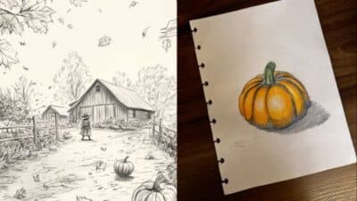 Pencil sketch of a fall scene with barn and pumpkins, alongside a color drawing of a pumpkin on a notebook page.