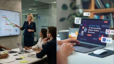 Team presentation on analytics with a businesswoman; laptop showcasing AI tools for online business growth.