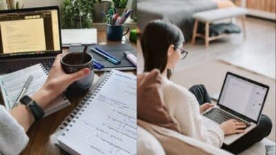 Two scenes of remote work: notetaking with coffee, and a person using a laptop on a couch.