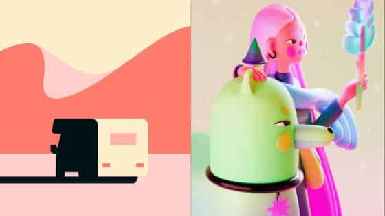 Abstract illustration: geometric truck and surreal characters with vibrant colors, featuring whimsical shapes and dreamy settings.