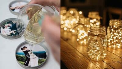 Pouring resin on photo lids and glowing fairy lights in mason jars on a wooden table. Cozy and creative decor ideas.