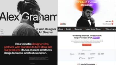 Web design portfolio showcasing designers, Alex Graham and another, emphasizing innovative branding and UI/UX expertise.