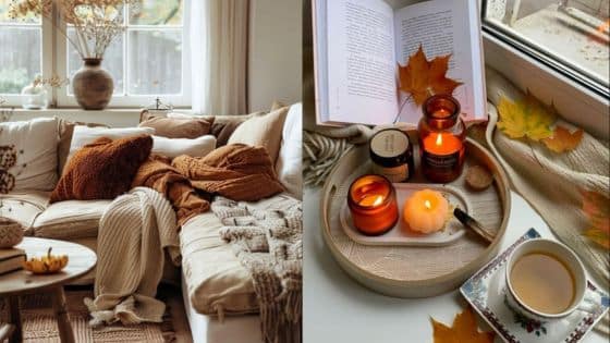 Viewing Deck Blog Cozy autumn living room with candles, warm blankets, books, and a hot drink by the window, creating a relaxing atmosphere. | Sky Rye Design Cozy autumn living room with candles, warm blankets, books, and a hot drink by the window, creating a relaxing atmosphere.