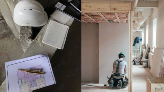 Viewing Deck Blog Construction site with architectural plans and a worker in safety gear installing drywall in a building interior. | Sky Rye Design Construction site with architectural plans and a worker in safety gear installing drywall in a building interior.