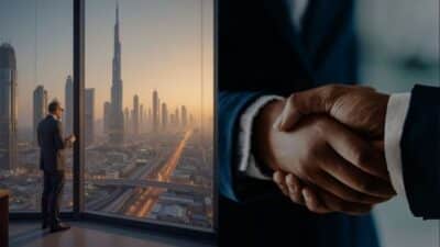 Businessman gazing at city skyline alongside a close-up handshake, symbolizing professional success and partnership.